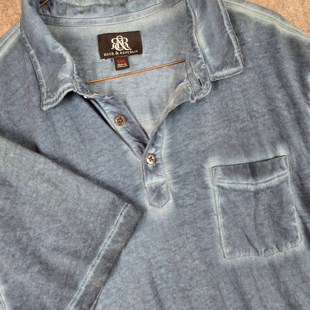 Rock & Republic Mens XXL Blue Acid Wash Cotton Short Sleeve Polo Shirt Pocket - Picture 3 of 7